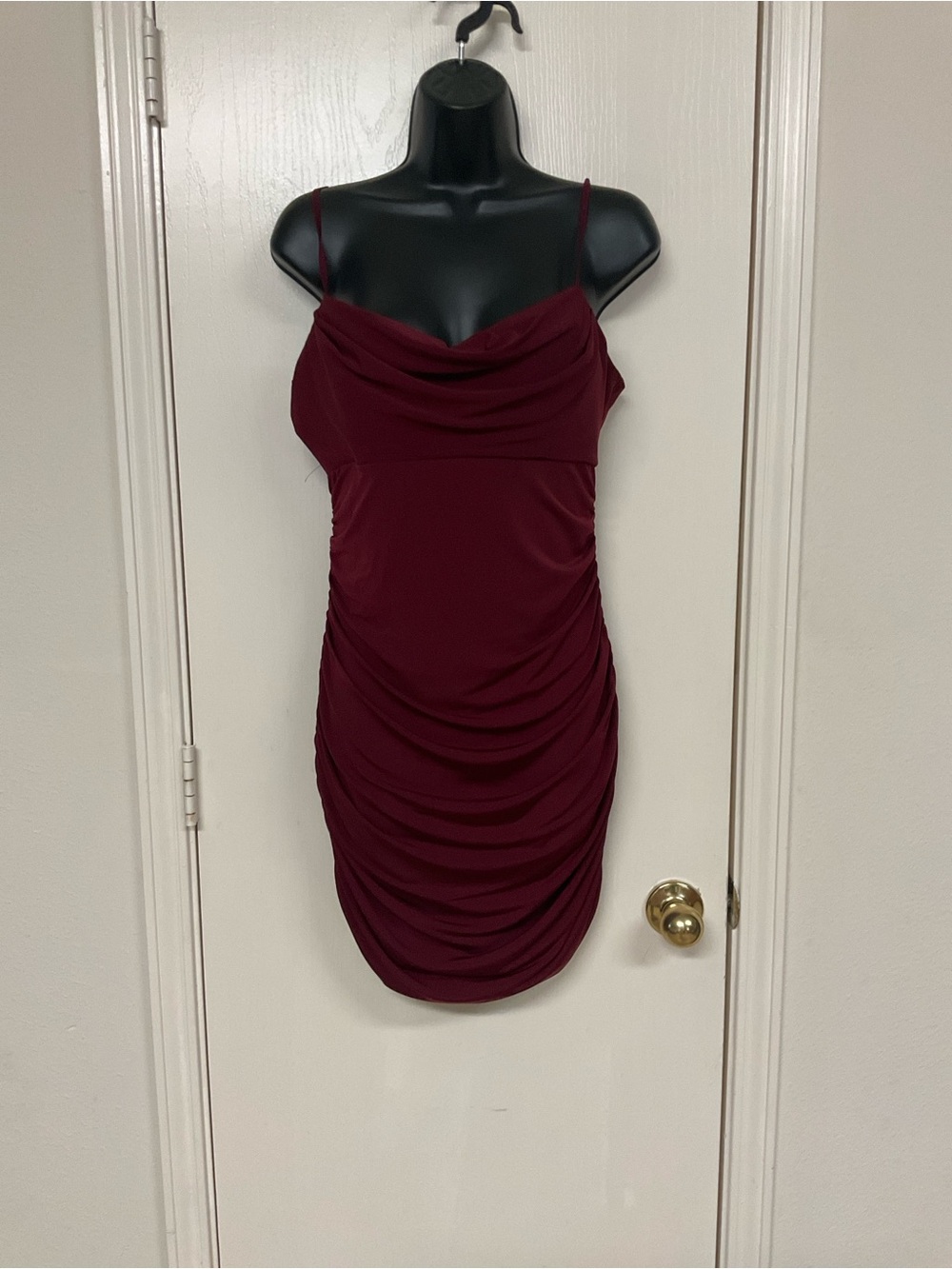 Emerald Sundae Wine Burgundy Ruched Cowl Mini Dress